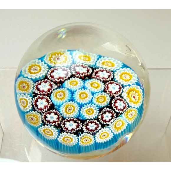 Murano Art Glass Millefiori Paperweight Blue Red Yellow Tightly Packed Canes - Picture 2 of 5